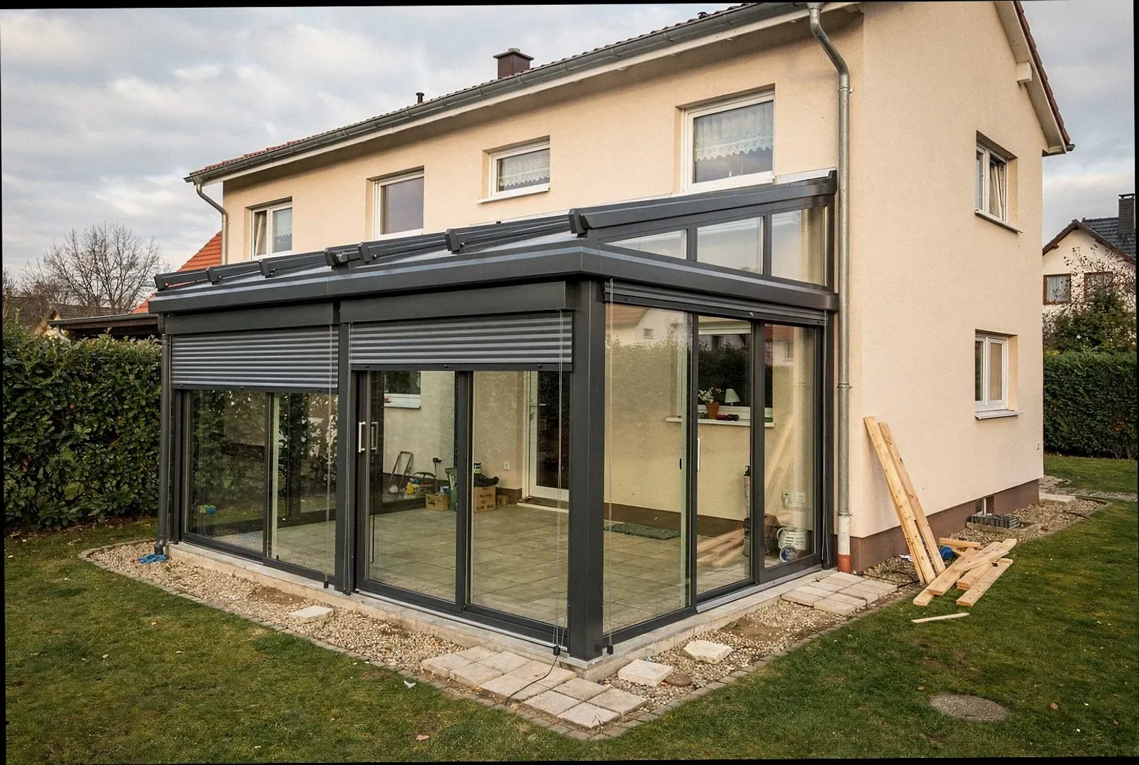 Fertig montierter Kaltwintergarten an einem Wohnhaus in Gütersloh